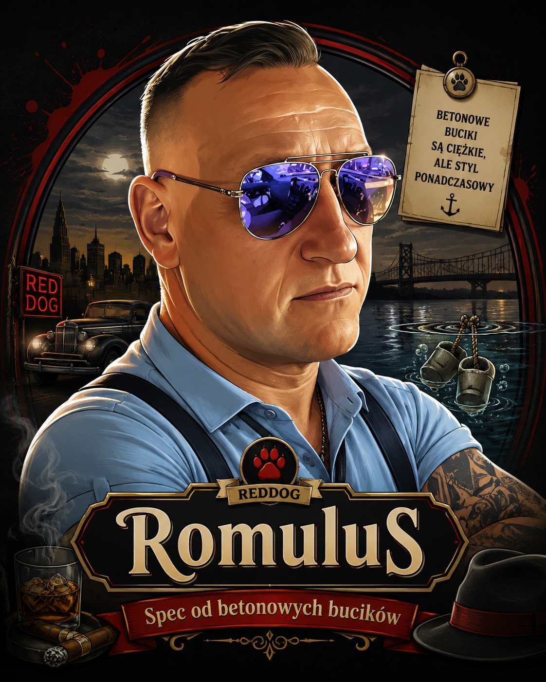 Żartobliwa, elegancka karykatura RomuluS w stylu plakatu RedDog